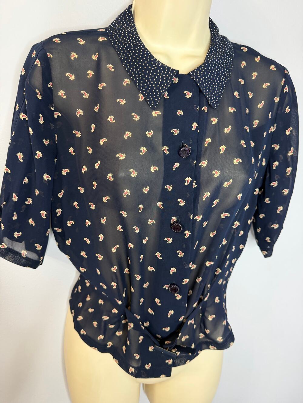 Zelda Vintage Tailored Fitted Belted Button Front Blouse Blue Floral Sz XSP
